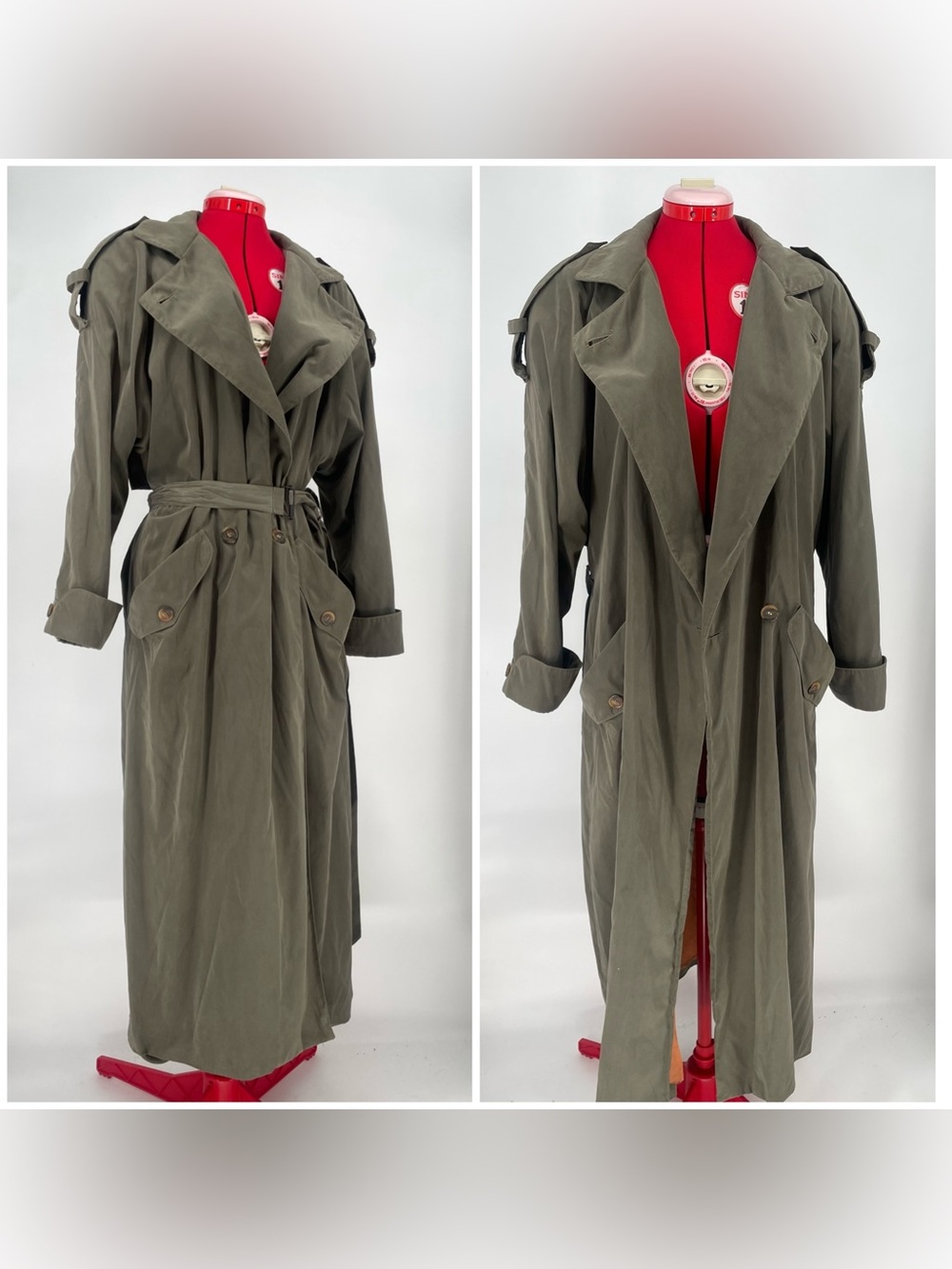 80s Muted Green / Gray Belted Trench Coat Shoulder Pads & Contrast Orange Lining